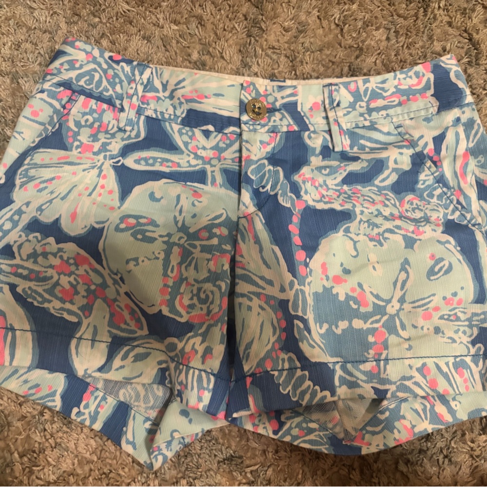 Lilly Pulitzer Blue Floral Print Cotton Shorts with Pink Accents